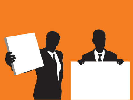 businessmen holding blank signs over orange backgroundのイラスト素材
