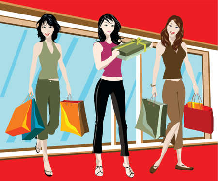 detailed illustration of three woman with shopping bagsのイラスト素材