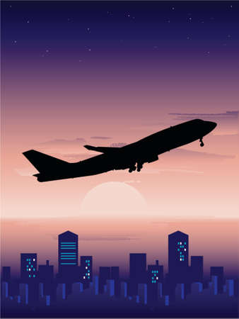 silhouette of a plane flying over the sunsetのイラスト素材