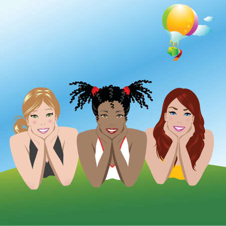 Illustration of  three girls sitting in a parkのイラスト素材