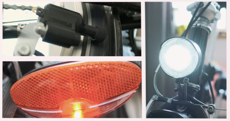 Work of dynamo machine on bicycle. The front headlight and taillight are on. Collage. The dynamo is spinning due to the wheel of bike.の写真素材