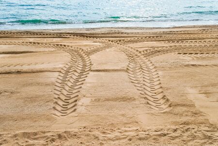 Tractor tracks on the beachの写真素材