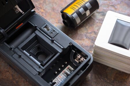 Point and shoot camera with opened back coverの写真素材