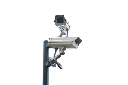 Isolated dual cctv on the pole with white backgroundの写真素材