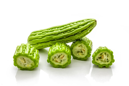 Isolated of green bitter gourd on the white backgroundの写真素材