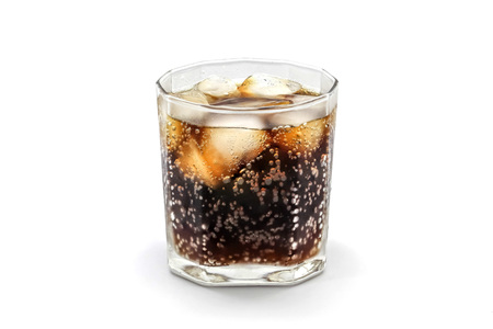 Glass of cola with ice cube isolated on white background with clipping pathの写真素材
