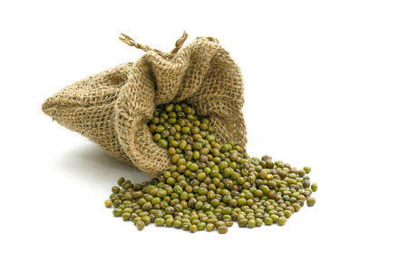 green beans in sack, isolated on white backgroundの写真素材