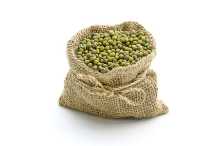 green beans in sack, isolated on white backgroundの写真素材