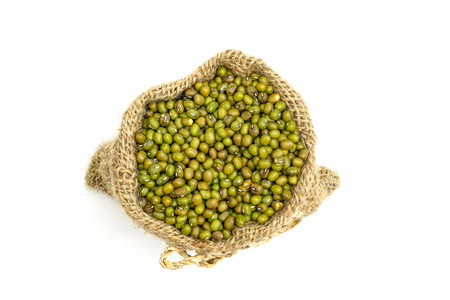 green beans in sack, isolated on white backgroundの写真素材