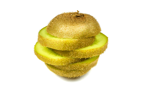 Close up macro kiwi fruit slices cut isolated on white backgroundの写真素材
