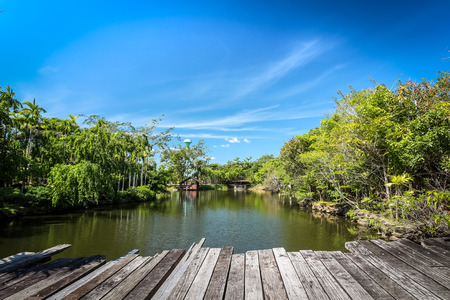 View of the wooden bridge over the lake with blue skyの写真素材