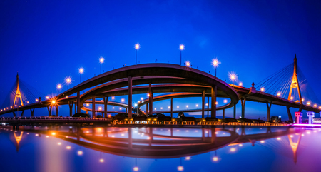 Panorama view of "Bhumiphol" highway bridge across "Chaopraya" river in Bangkok Thailand with cityscape background. Named as King of Thailand.の写真素材