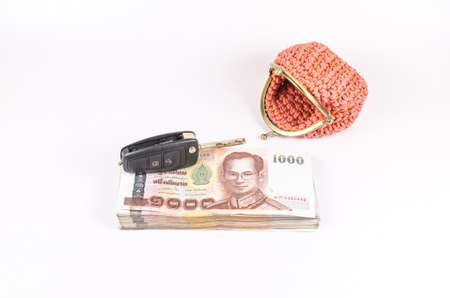 Concept of budget for car loan with wallet on white background