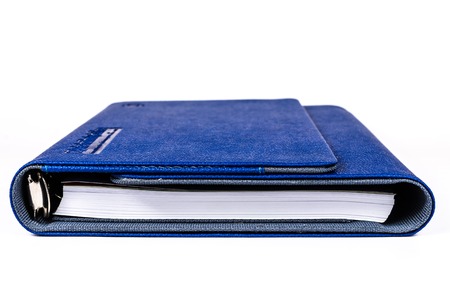 Luxury blue leather organizer isolated on white backgroundの写真素材