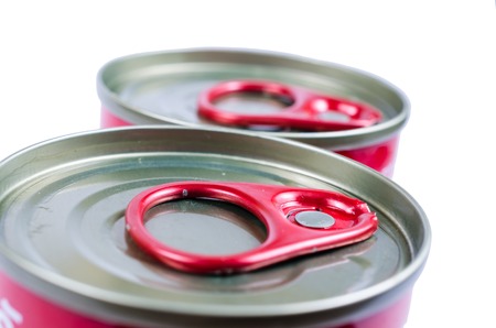 top view tin can with ring pull isolated on white backgroundの写真素材