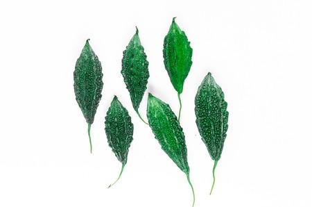 wild bitter gourd, Balsam apple, Balsam pear, Bitter cucumber or Bitter gourd isolated on white backgroundの写真素材