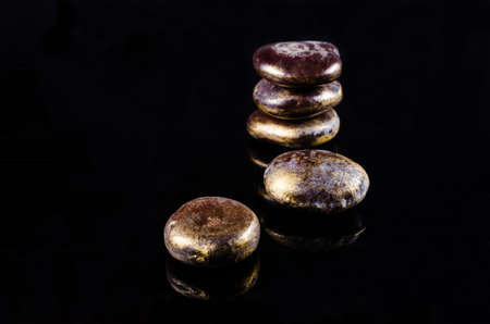 Entada rheedii seed with gold paint on black background