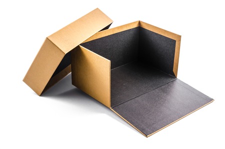 Open brown cardboard box isolated on white backgroundの写真素材