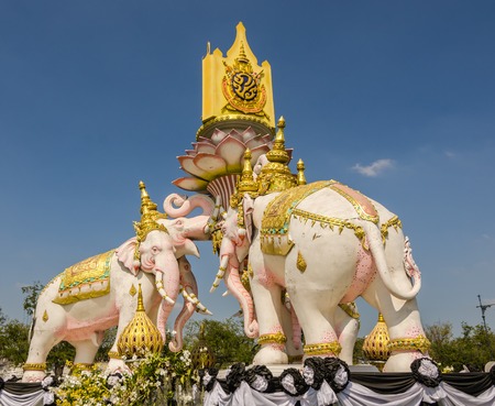 Three head elephant present symbol the last King in front Grand Palace,Thailandの写真素材