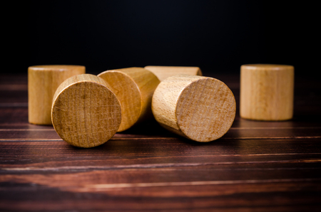 wooden toy blocks on wooden board backgroundの写真素材