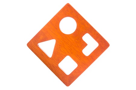 wooden blocks shape sorter toy isolated on white backgroundの写真素材