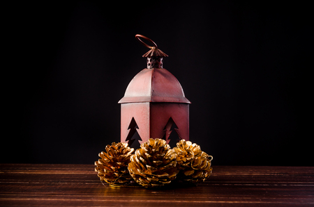 christmas ornament on wooden board backgroundの写真素材