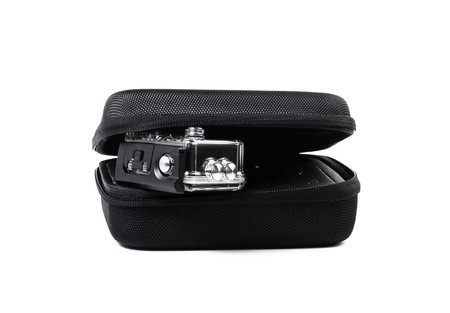 action camera in black case isolated on white backgroundの写真素材