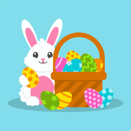 Happy Easter. Cheerful rabbit, basket with painted eggs. Colored flat vector illustration isolated on blue background. Cartoon character.のイラスト素材