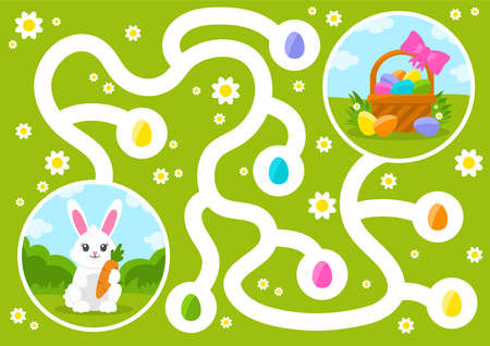 Maze game for kids. Help the Easter bunny collect all the eggs in the basket. Labyrinth for children. Flat vector illustration isolated on color background. Cartoon character.のイラスト素材