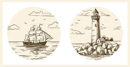 A lighthouse on a rocky shore and a ship on the horizon. Hand drawn sketch. Vintage style. Color vector illustration.のイラスト素材