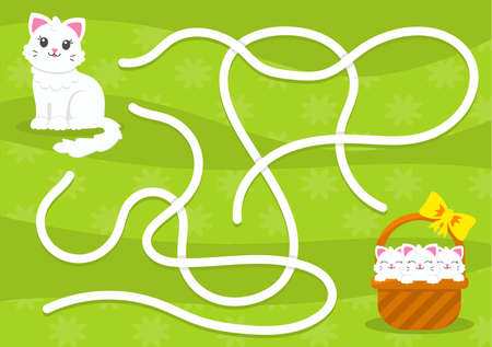 Maze game for kids. Help the cat find kittens. Labyrinth for children. Flat vector illustration isolated on color background. Cartoon character.のイラスト素材