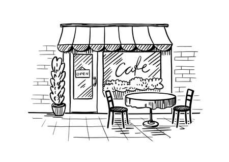 Cozy outdoor cafe in the open air. A table with a chairs. Hand drawn sketch. Vintage style. Black and white vector illustration isolated on white background.のイラスト素材