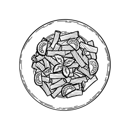 Delicious spaghetti with cherry tomatoes and basil. Hand drawn sketch. Vintage style. Black and white vector illustration isolated on white background.のイラスト素材