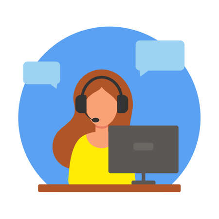 A woman is sitting at a table in headphones with a microphone. Working in the office at the computer. Online customer service. Helping clients. Call center, support, hotline. Vector in flat style.のイラスト素材
