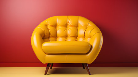 Empty yellow trendy leather armchair on red wall background. Minimalism in the interior.の素材