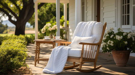 A light wooden rocking chair against the background of a white house. The theme of rest and relaxation.の素材