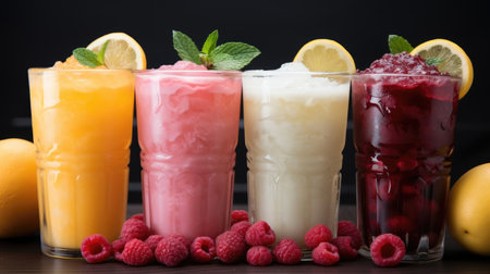 Fresh appetizing vitamin cocktails in glass glasses on a dark background. Theme of healthy eating and smoothies.の素材