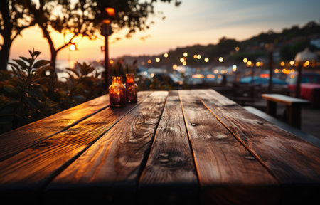 Wooden table on a blurred background. Beach, palm trees, holiday theme.の素材