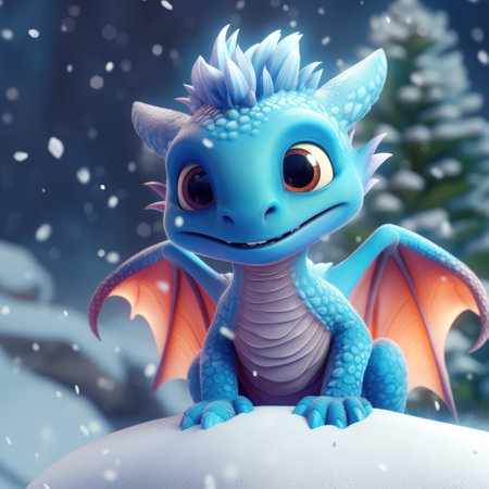 Cute funny charming dragon sits on the snow. Against the background of a winter forest. Symbol of the New Year.の素材