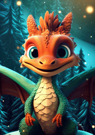 A beautiful cute magic dragon with big kind eyes sits against the backdrop of a fairy forest. A wonderful and sweet character.の素材