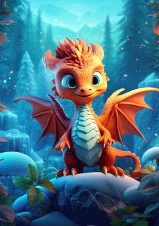 A beautiful cute magic dragon with big kind eyes sits against the backdrop of a fairy forest. A wonderful and sweet character.の素材