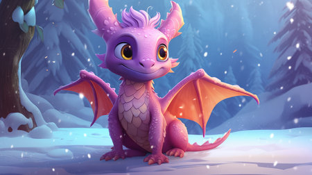 Cute funny charming dragon sits on the snow. Against the background of a winter forest. Symbol of the New Year.の素材