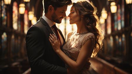 A young married couple stands in a church and looks at each other with love. A man in a tuxedo, a woman in a wedding dress.の素材