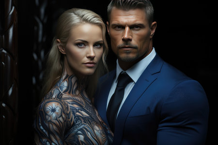 A strong, muscular male businessman in an expensive suit stands next to a beautiful blonde with tattoos.の素材