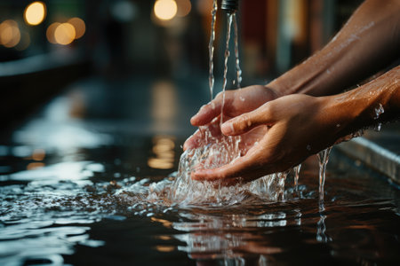 Close-up of a man's hands under running water. Theme of cleanliness and hygiene.の素材