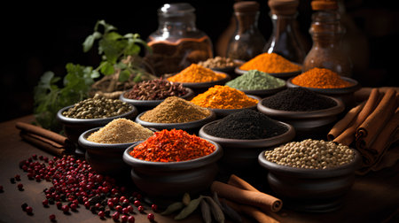 Fragrant multi-colored fragrant Indian spices and herbs. Theme of cooking from different countries.の素材