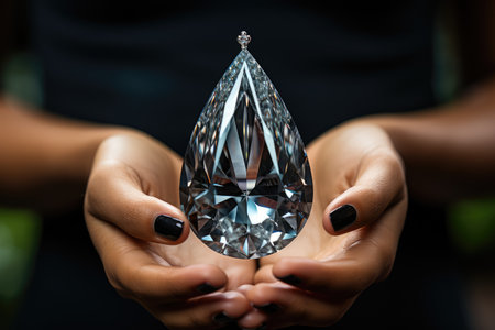 Female young beautiful hands hold a drop of transparent precious crystal.の素材