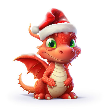 Cute funny charming dragon in Santa's hat sits. Symbol of the New Year.の素材