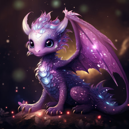 Cute fairytale dragon with wings in shimmering shine. Friendly and pleasant character.の素材