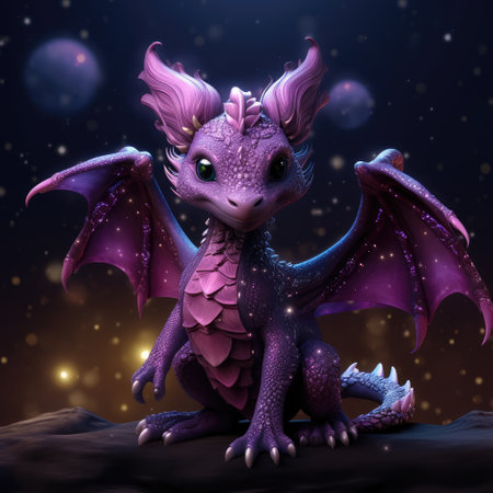 Cute fairytale dragon with wings in shimmering shine. Friendly and pleasant character.の素材